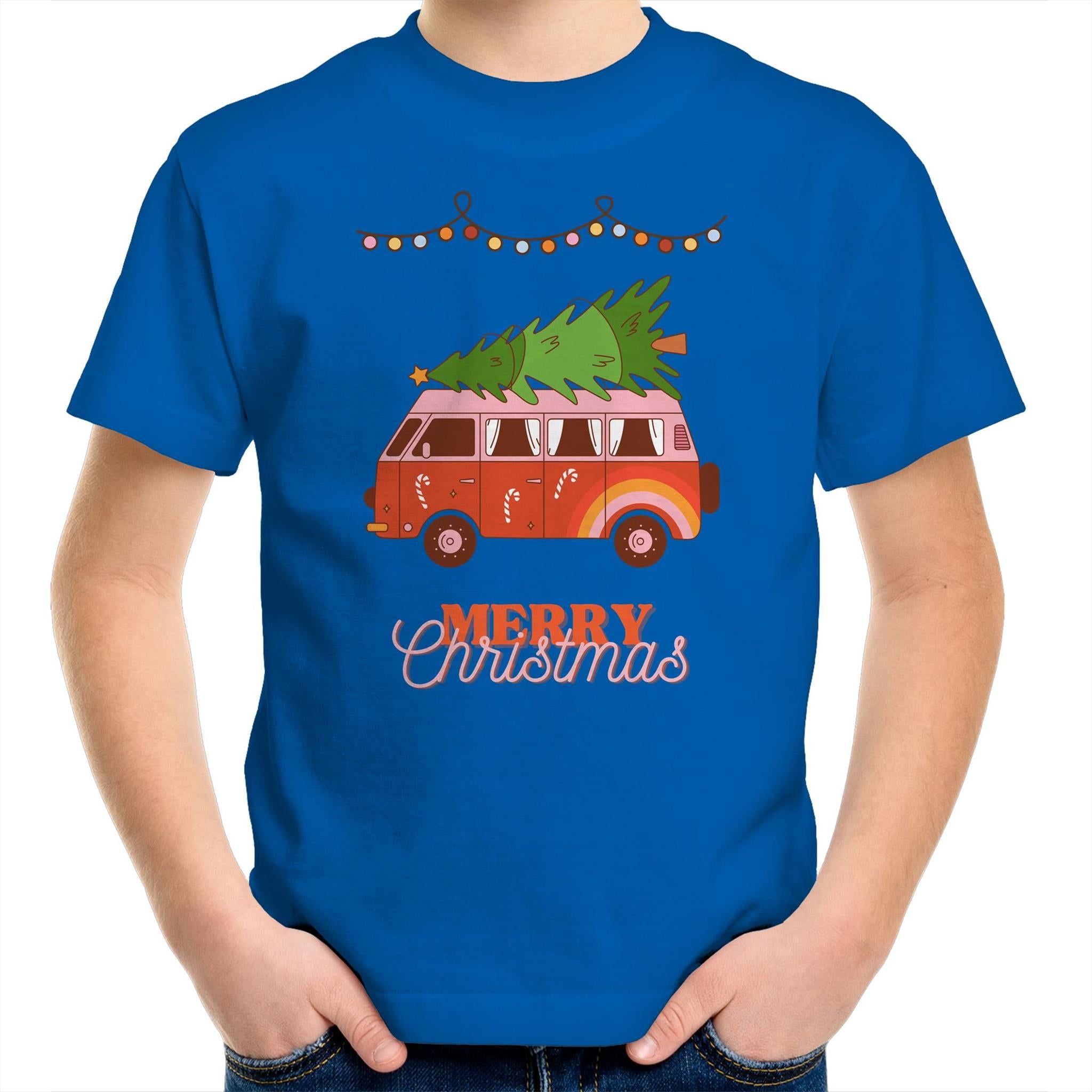 Merry Christmas Hippy Van - Kids Youth T-Shirt Bright Royal Kids Christmas T-shirt Christmas Printed In Australia
