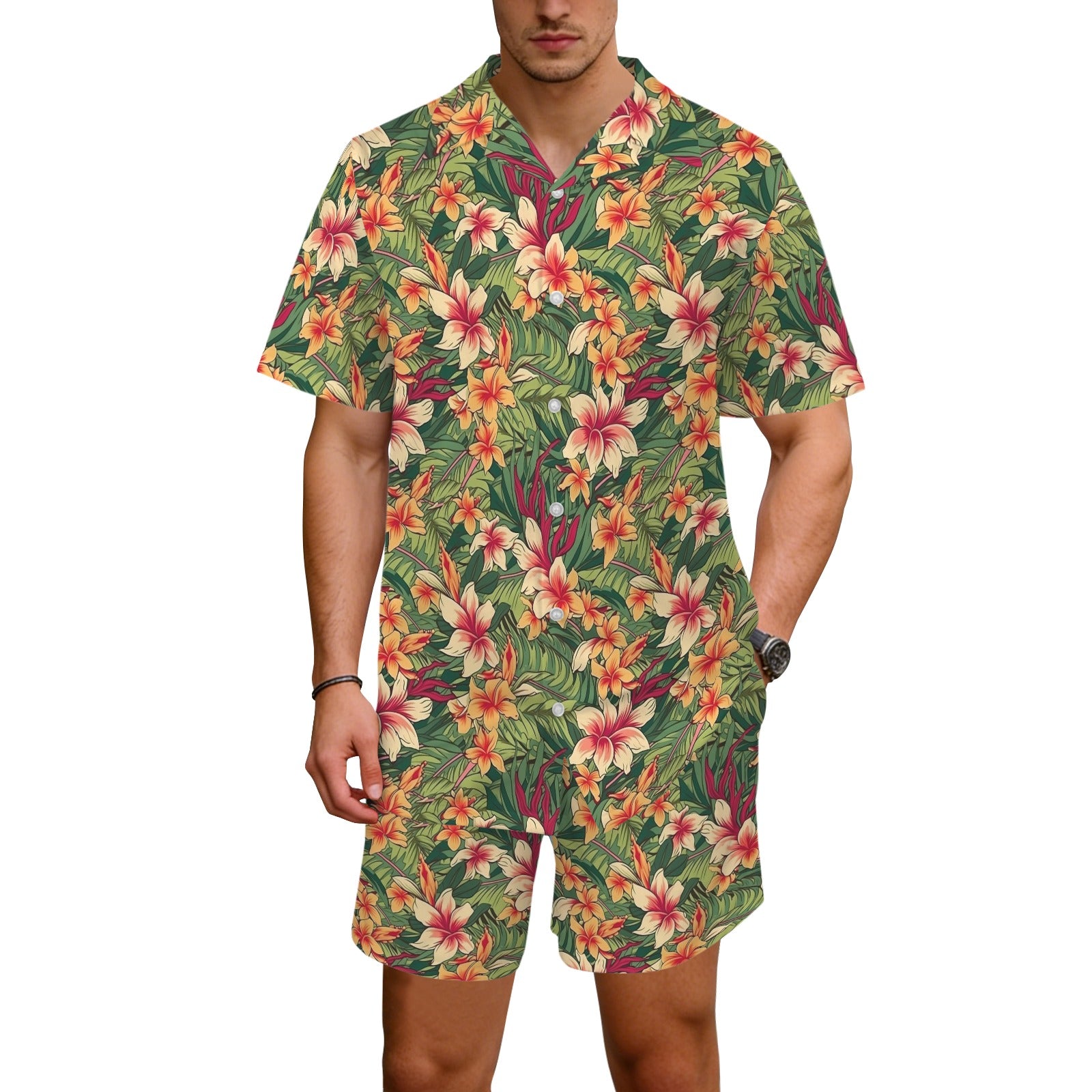 Vintage Hawaiian Floral Men's Hawaiian Shirt & Shorts Set Men's Hawaiian Shirt & Shorts Set Plants Printed Offshore Surf
