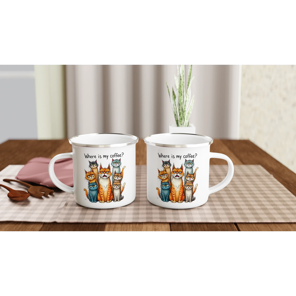 Where Is My Coffee, Cranky Cats - White 12oz Enamel Mug Enamel Mug animal Coffee Globally Fulfilled