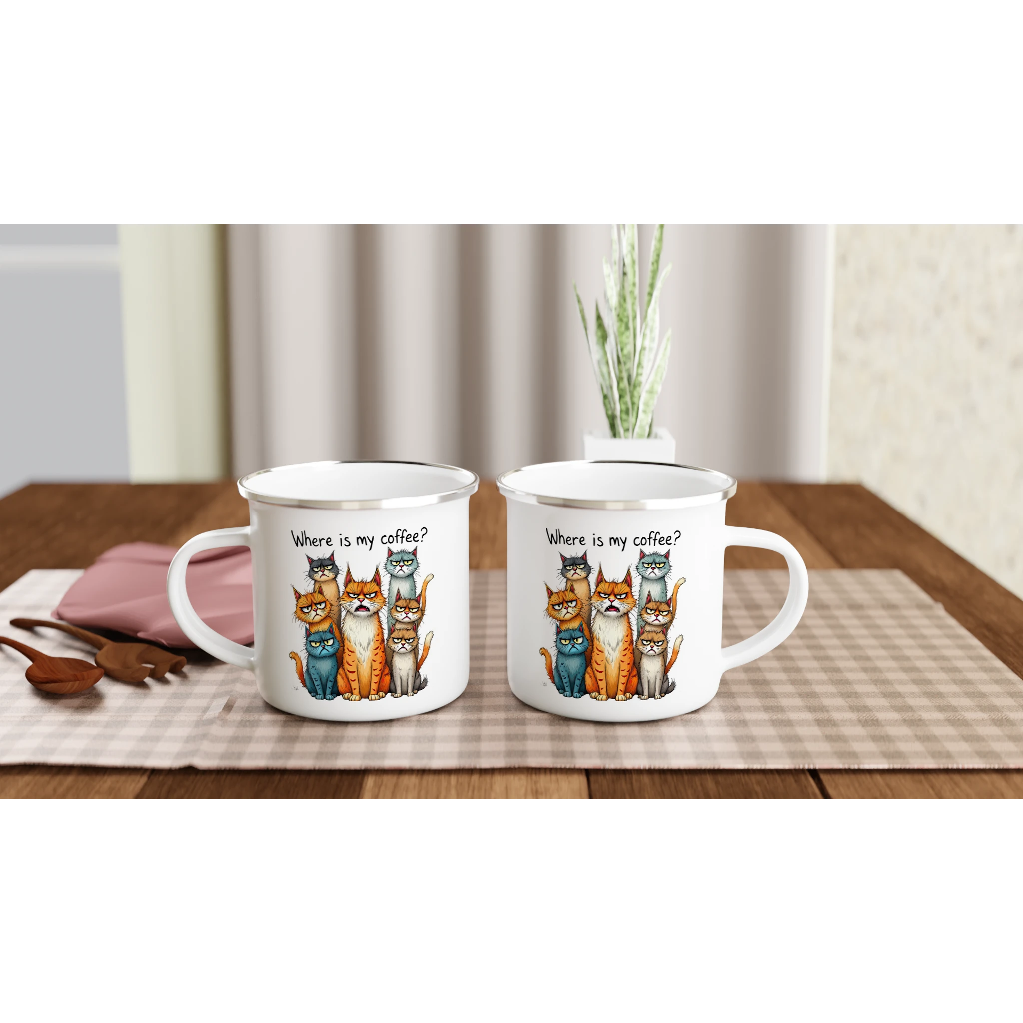 Where Is My Coffee, Cranky Cats - White 12oz Enamel Mug Enamel Mug animal Coffee Globally Fulfilled