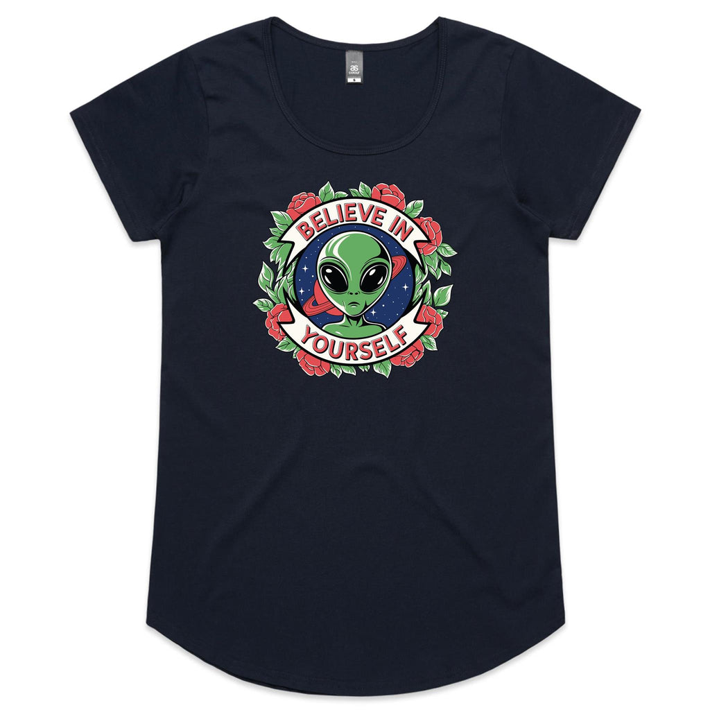 Believe In Yourself, Alien - Womens Scoop Neck T-Shirt Navy Womens Scoop Neck T-shirt Motivation Positivity Printed In Australia Sci Fi