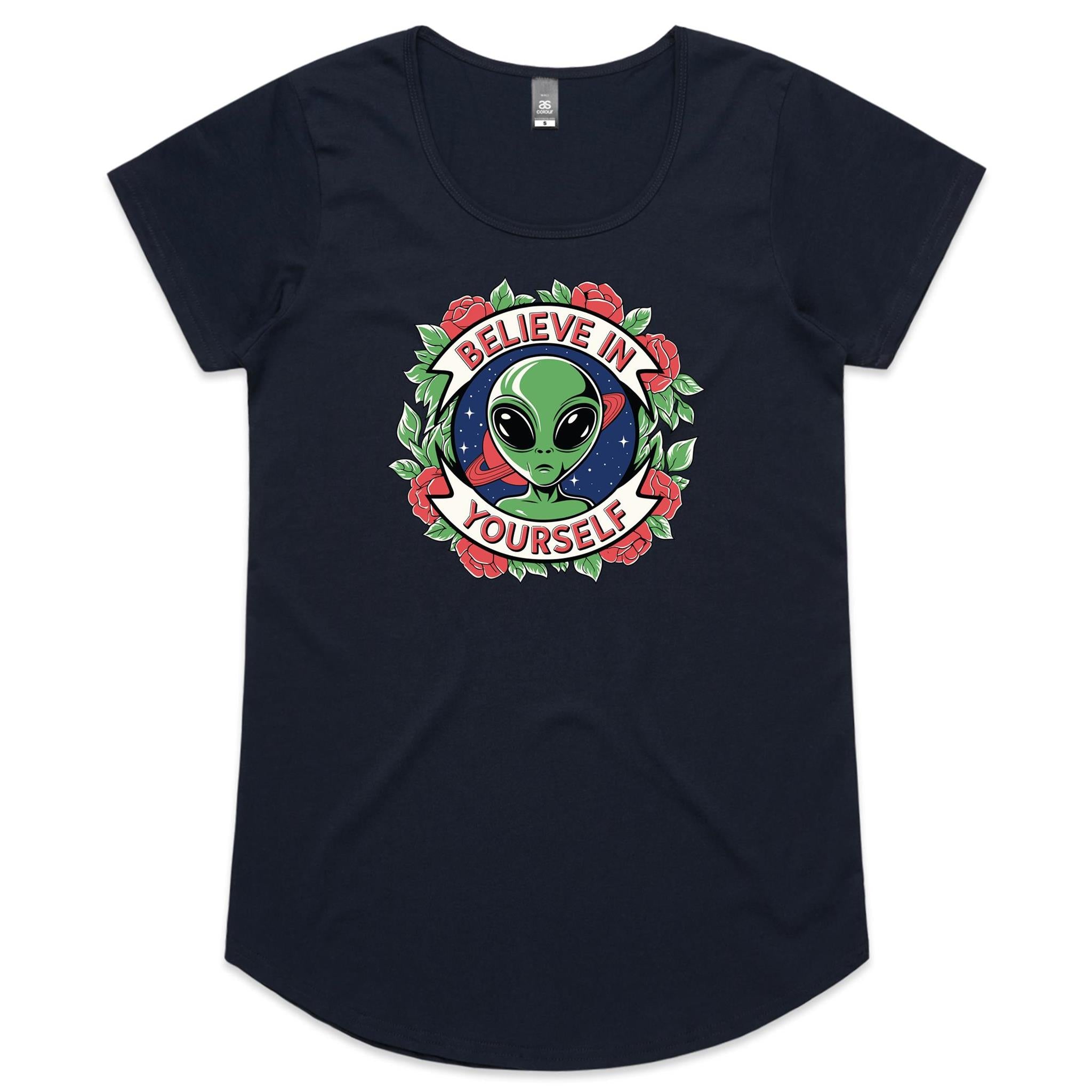 Believe In Yourself, Alien - Womens Scoop Neck T-Shirt Navy Womens Scoop Neck T-shirt Motivation Positivity Printed In Australia Sci Fi