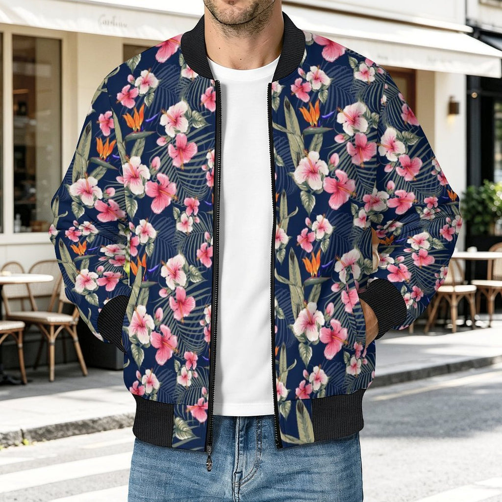 Dark Hawaiian Floral Men's Casual Zip‑Up Bomber Jacket