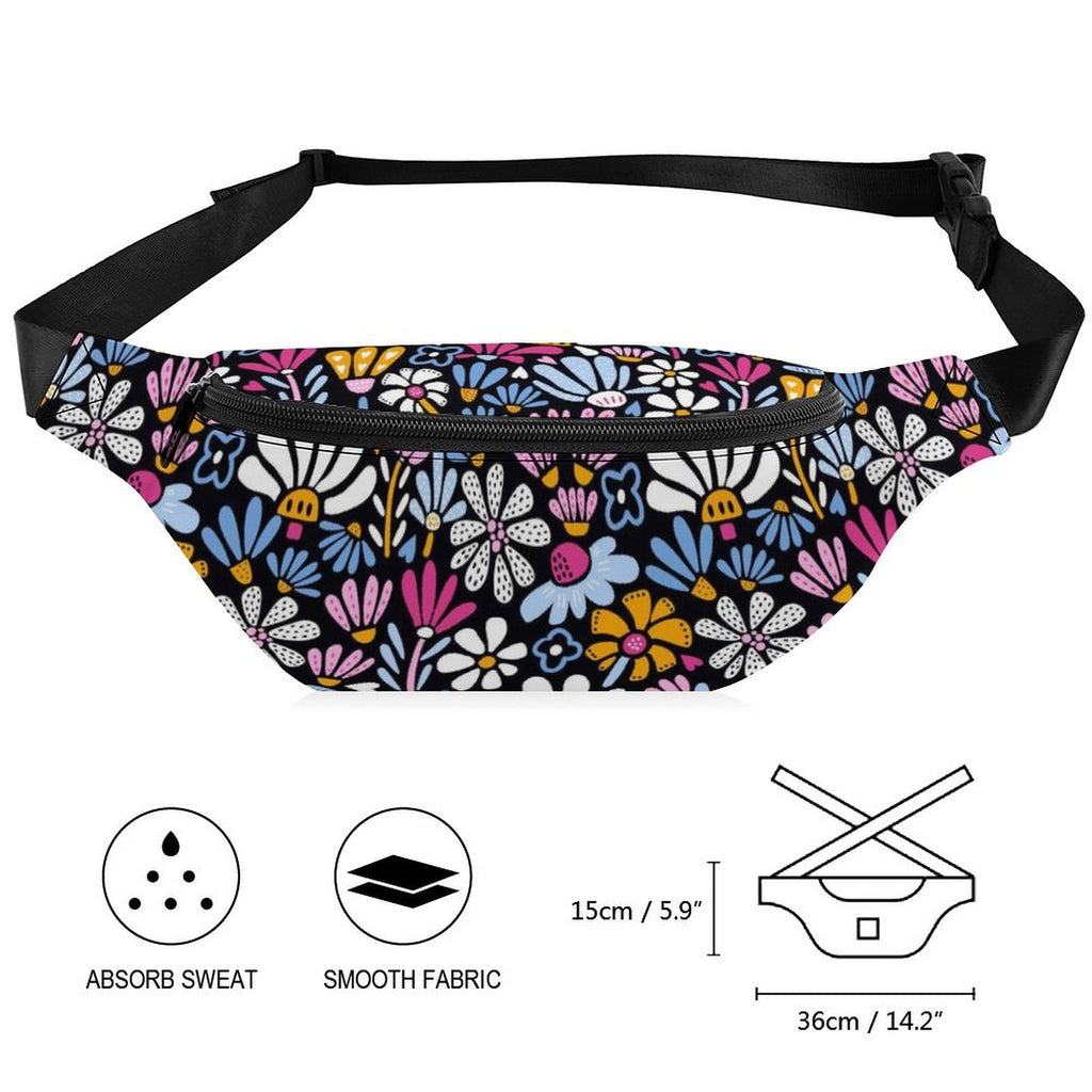 Graphic Flowers On Black - Bum Bag / Fanny Pack