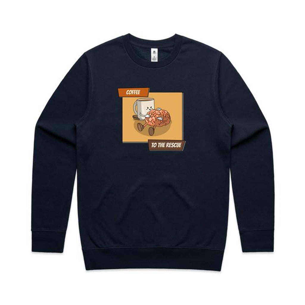 Coffee To The Rescue - AS Colour Stencil Crew Navy Sweatshirt Coffee Printed In Australia
