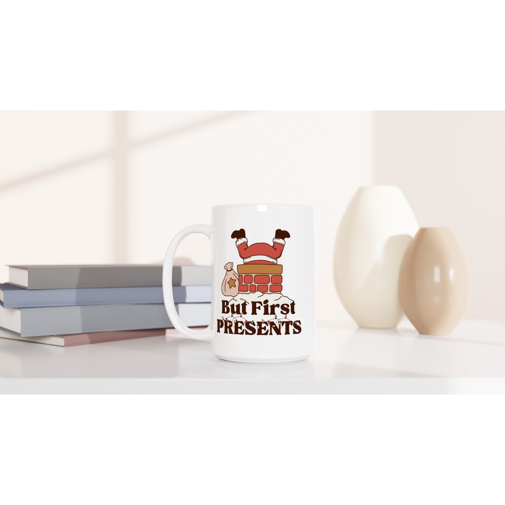 But First Presents, Santa In Chimney - White 15oz Ceramic Mug Christmas 15oz Mug
