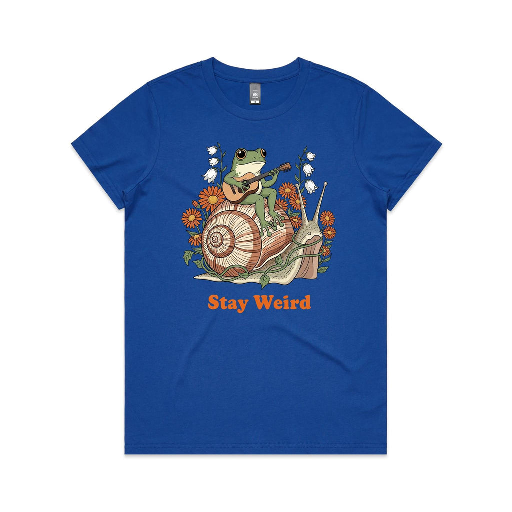 Stay Weird, Guitar Playing Frog On A Snail Women's AS Colour T-shirt Bright Royal Womens T-shirt animal Music Printed In Australia