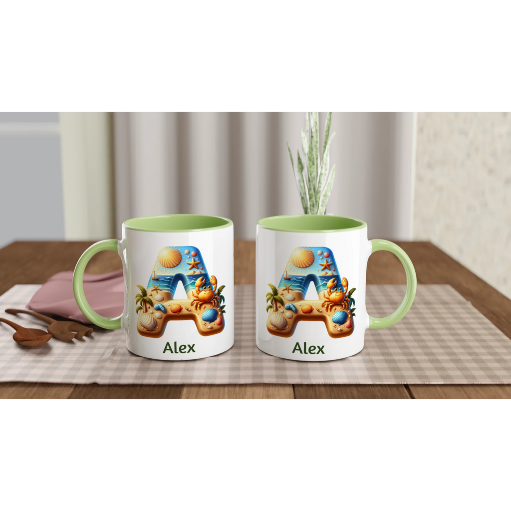 Personalised - Summer Beach Initials - White 11oz Ceramic Mug with Colour Inside Personalised 11oz Mug Customise Globally Fulfilled Personalise