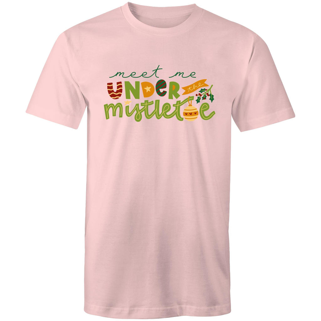 Meet Me Under The Mistletoe, Christmas - Mens T-Shirt Pink Mens Christmas T-shirt Christmas Printed In Australia