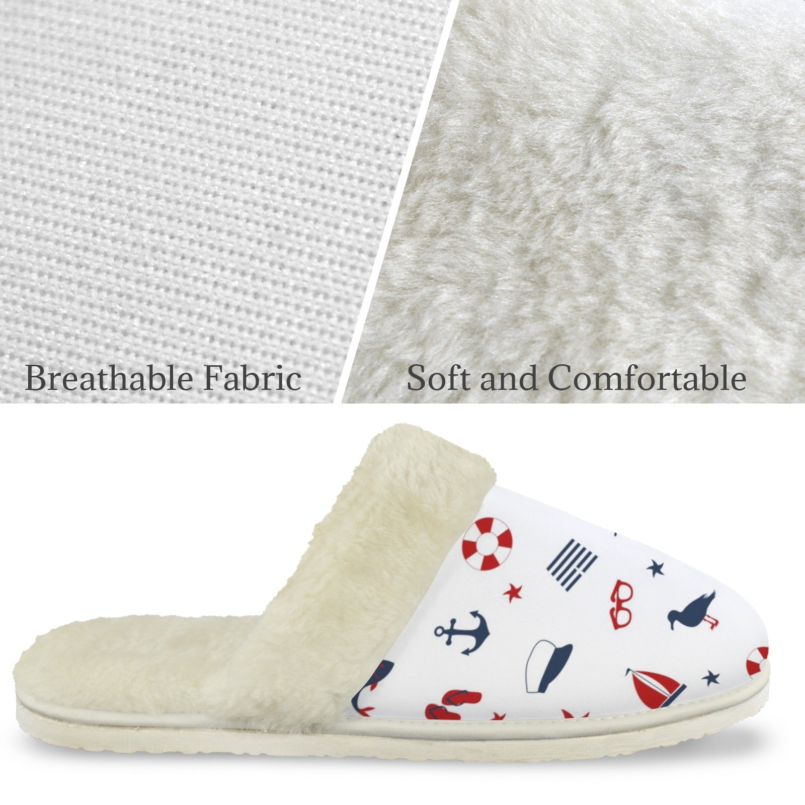 Nautical Life Men's Fur Trim Thick-Sole Indoor Slippers Men's Fur Trimmed Slippers Ocean Printed Offshore