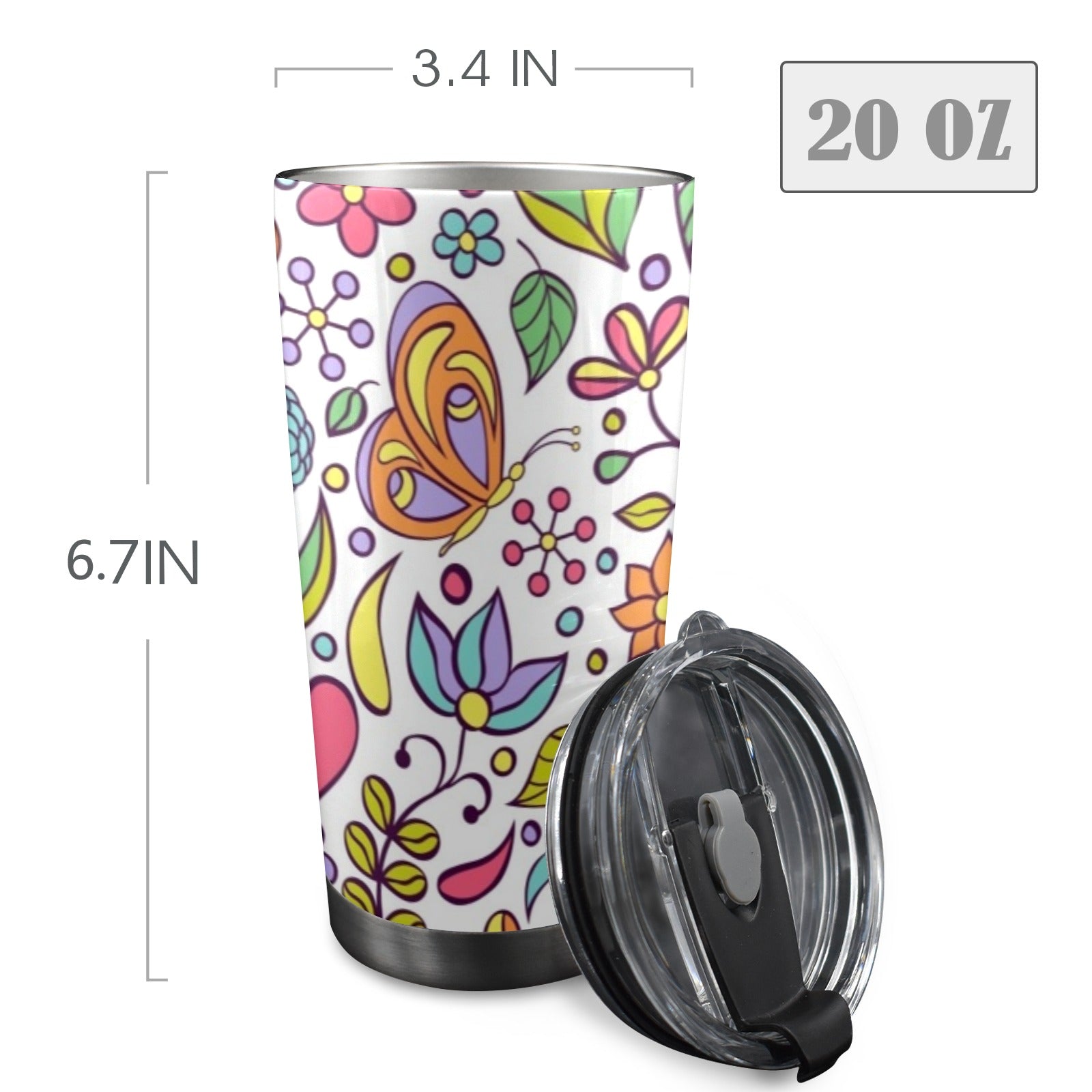 Hippie Butterfly And Flowers - 20oz Mobile Tumbler with Lid (Black Lock)