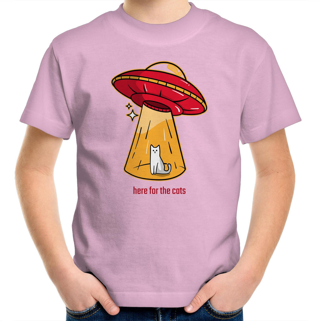 UFO, Here For The Cats - Kids Youth T-Shirt Pink Kids Youth T-shirt animal Printed In Australia Sci Fi