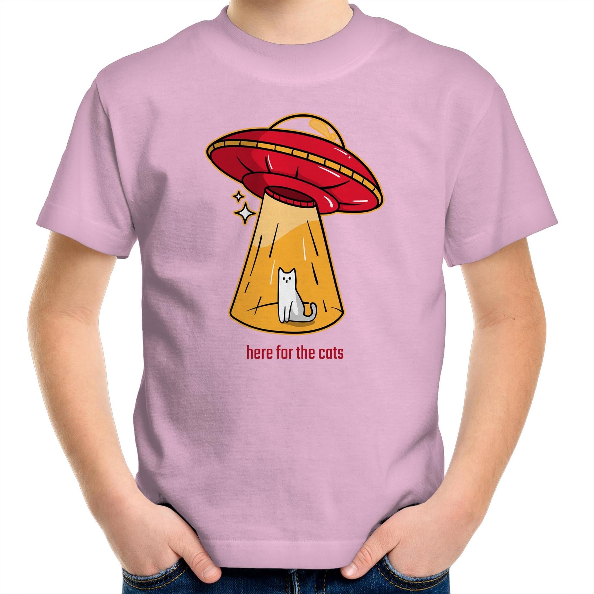 UFO, Here For The Cats - Kids Youth T-Shirt Pink Kids Youth T-shirt animal Printed In Australia Sci Fi