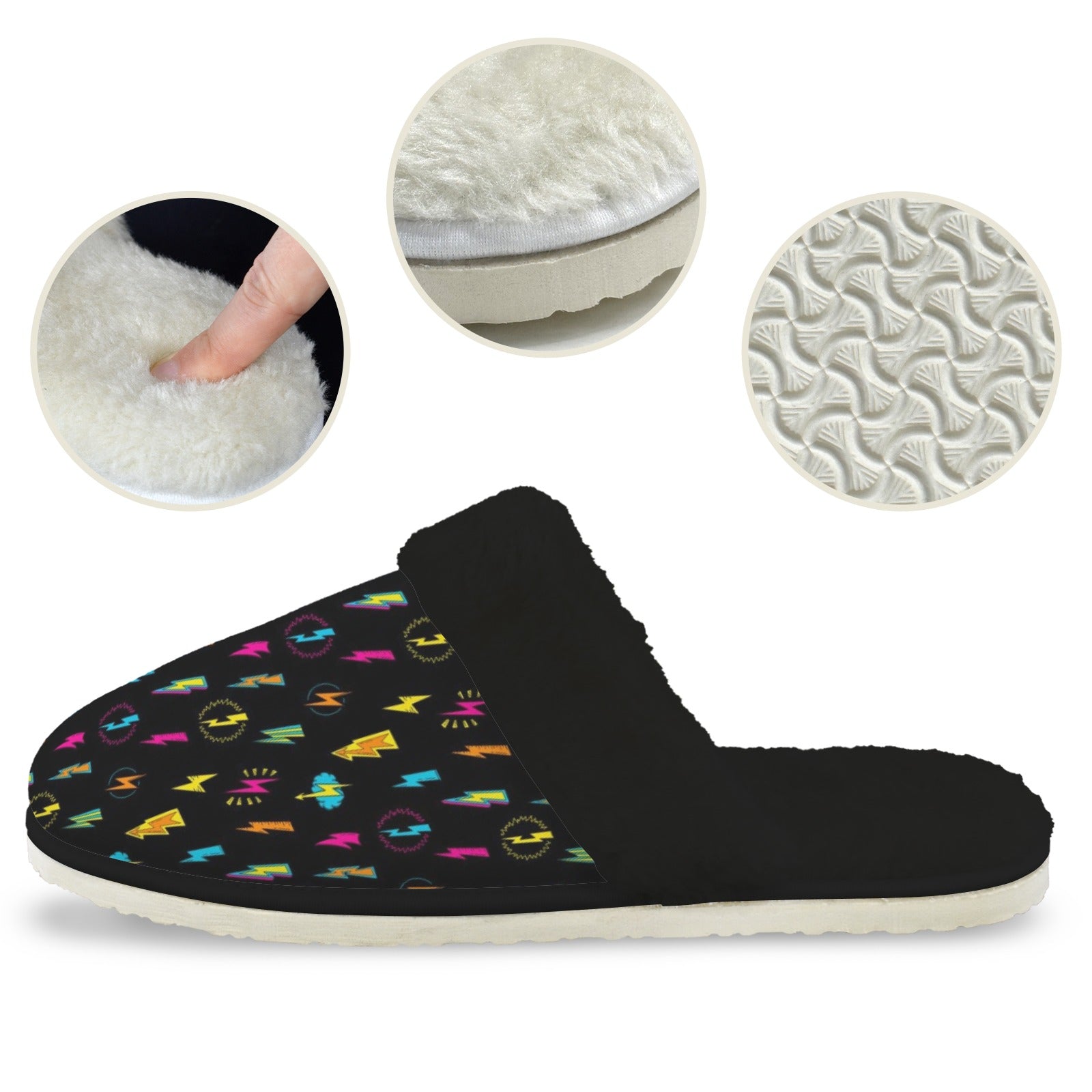 Fun Lightning Men's Fur Trim Thick-Sole Indoor Slippers Men's Fur Trimmed Slippers comic Printed Offshore