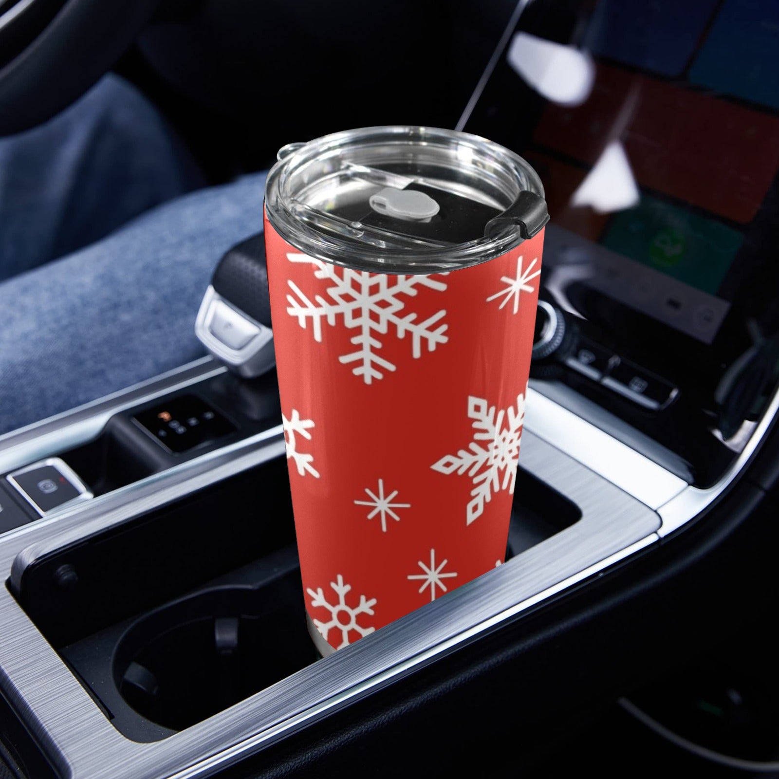 Red Snowflakes, Christmas - 20oz Mobile Tumbler with Lid (Black Lock) 20oz Travel Mug Christmas Printed Offshore