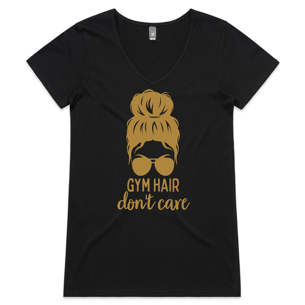 Gym Hair, Don't Care - Womens V-Neck T-Shirt Black Womens Active V-Neck T-shirt Fitness Printed In Australia