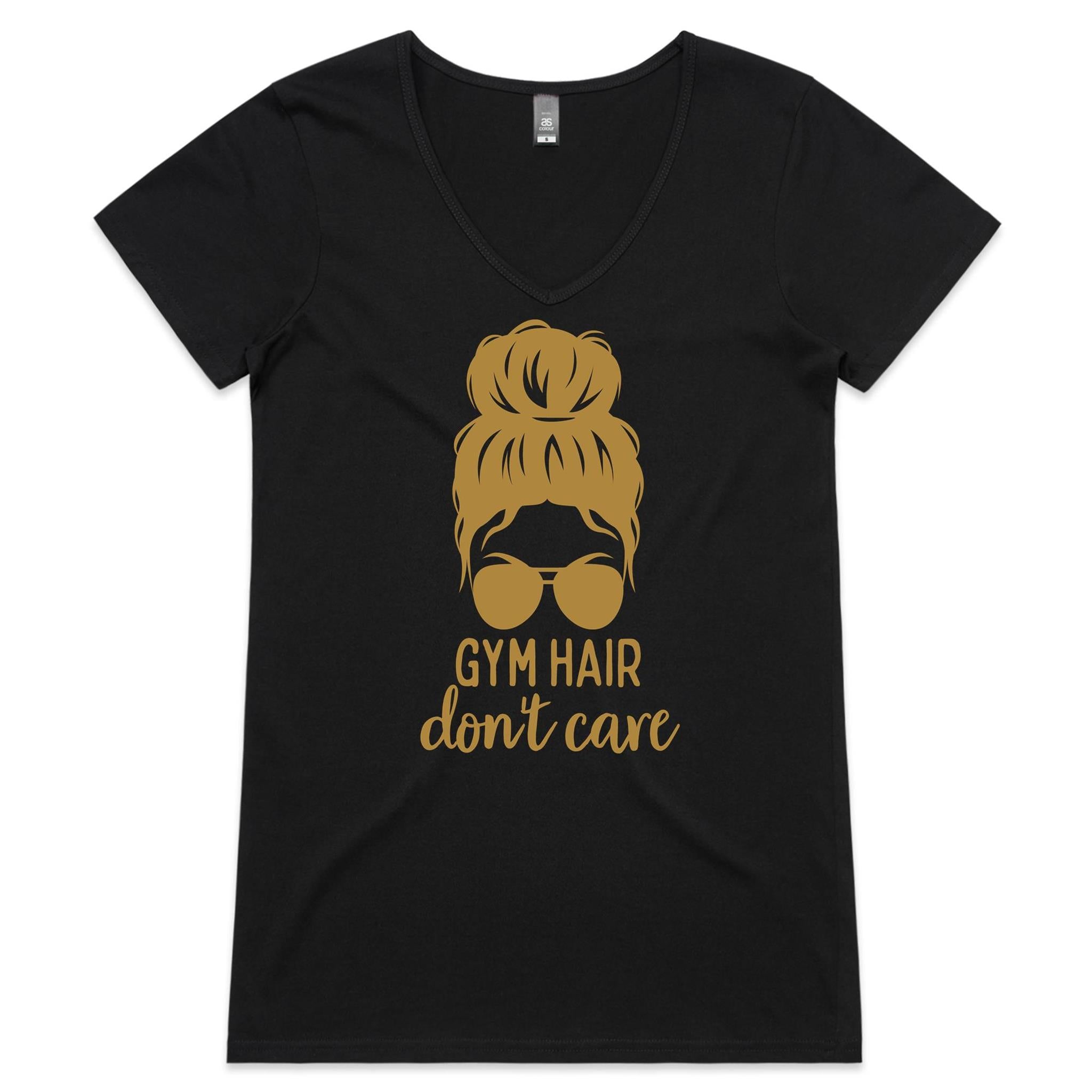 Gym Hair, Don't Care - Womens V-Neck T-Shirt Black Womens Active V-Neck T-shirt Fitness Printed In Australia