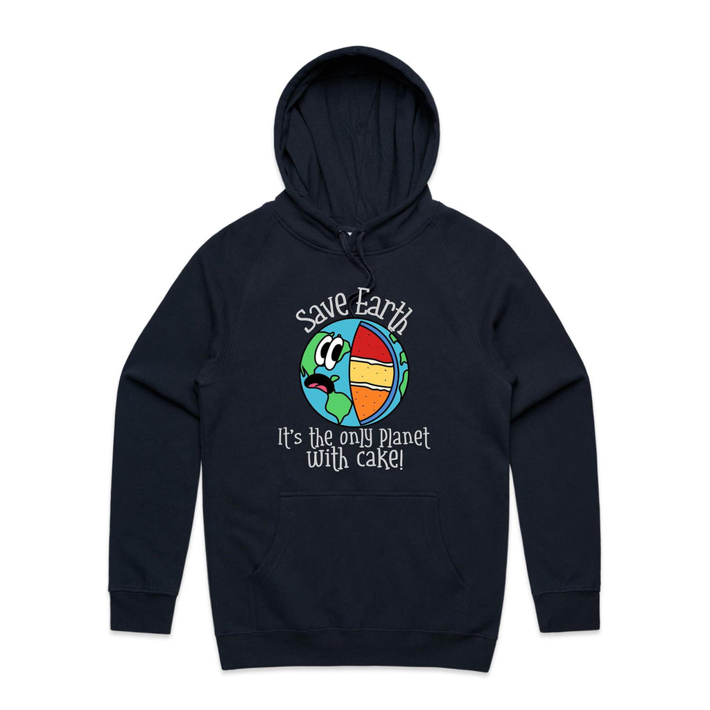 Save Earth, Its The Only Planet With Cake - Mens Hoodie Navy Mens Hoodie Environment Food Printed In Australia