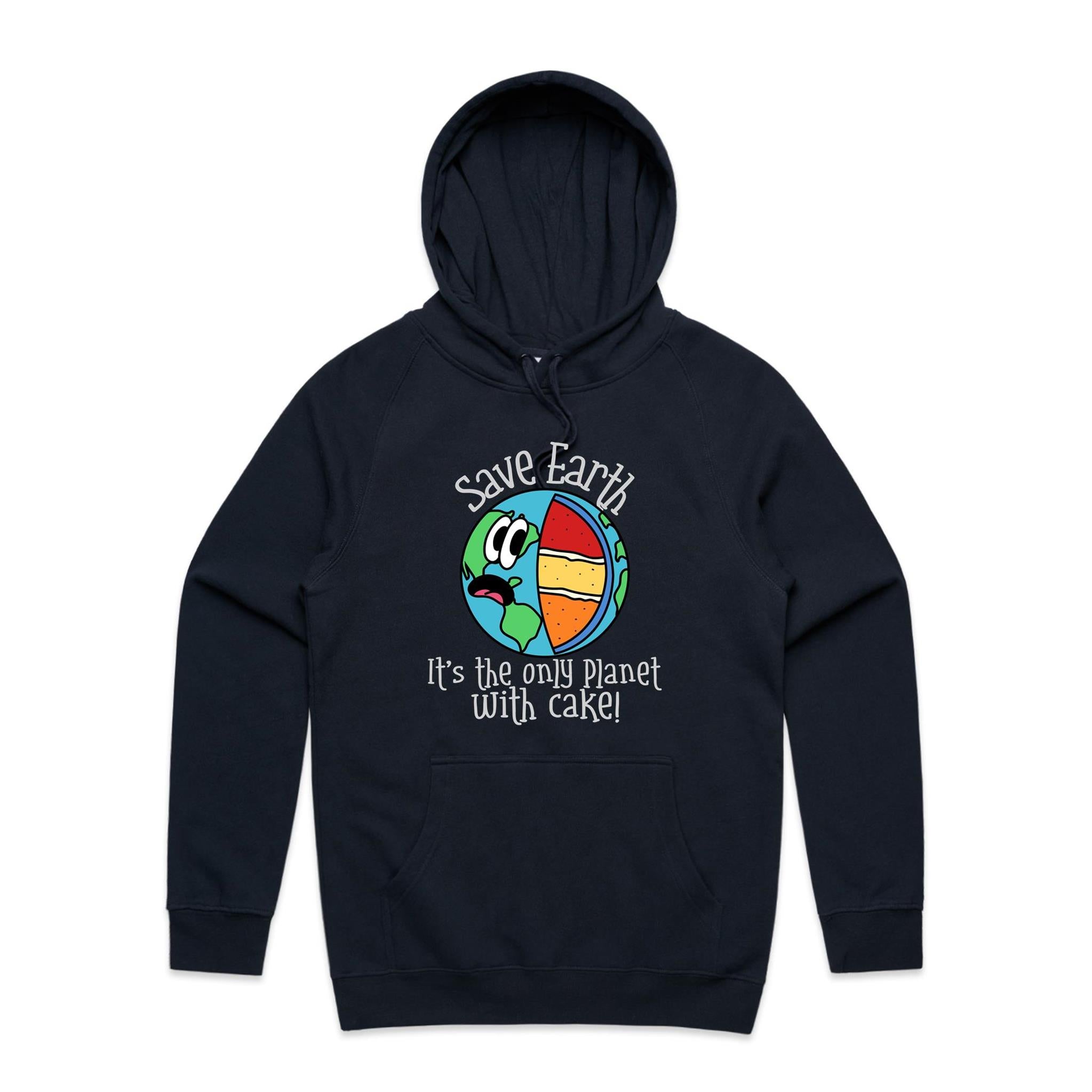 Save Earth, Its The Only Planet With Cake - Mens Hoodie Navy Mens Hoodie Environment Food Printed In Australia
