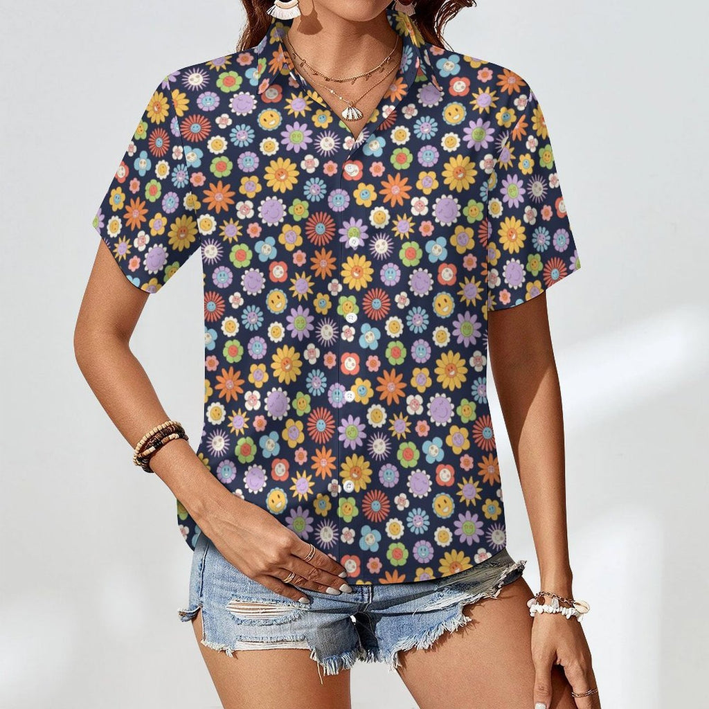 Groovy Flowers Women's Collared Pocketless Short Sleeve Shirt