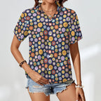 Groovy Flowers Women's Collared Pocketless Short Sleeve Shirt