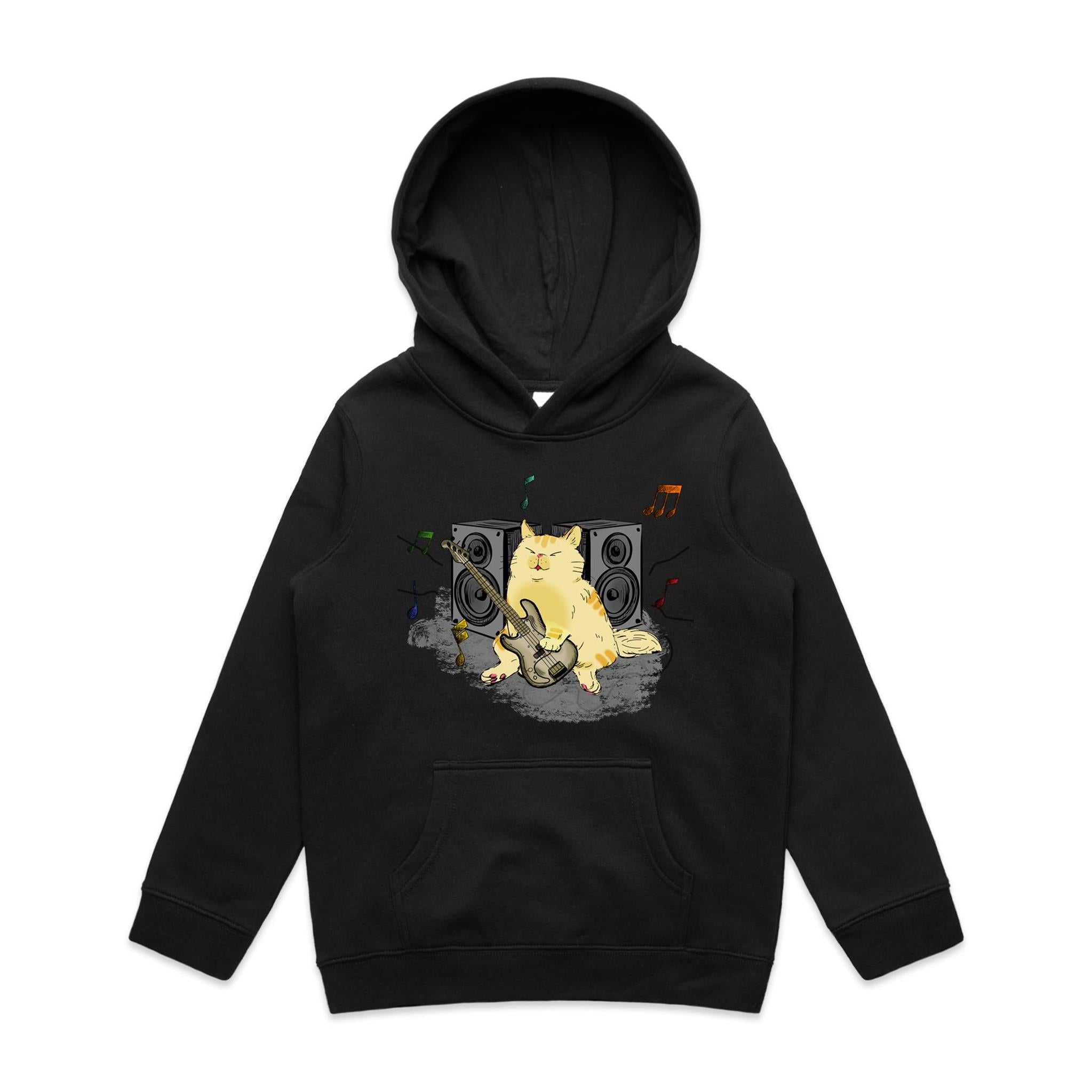 Cat Bass Player - Kids Hoodie Black Kids Hoodie Printed In Australia