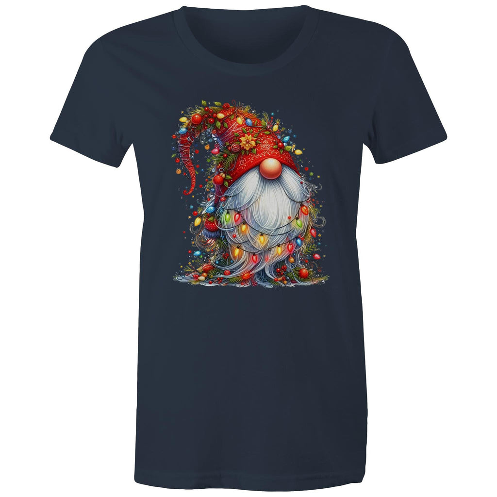 Christmas Gnome Wrapped In Lights - Womens T-shirt Navy Womens Christmas T-shirt Christmas Printed In Australia