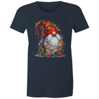 Christmas Gnome Wrapped In Lights - Womens T-shirt Navy Womens Christmas T-shirt Christmas Printed In Australia