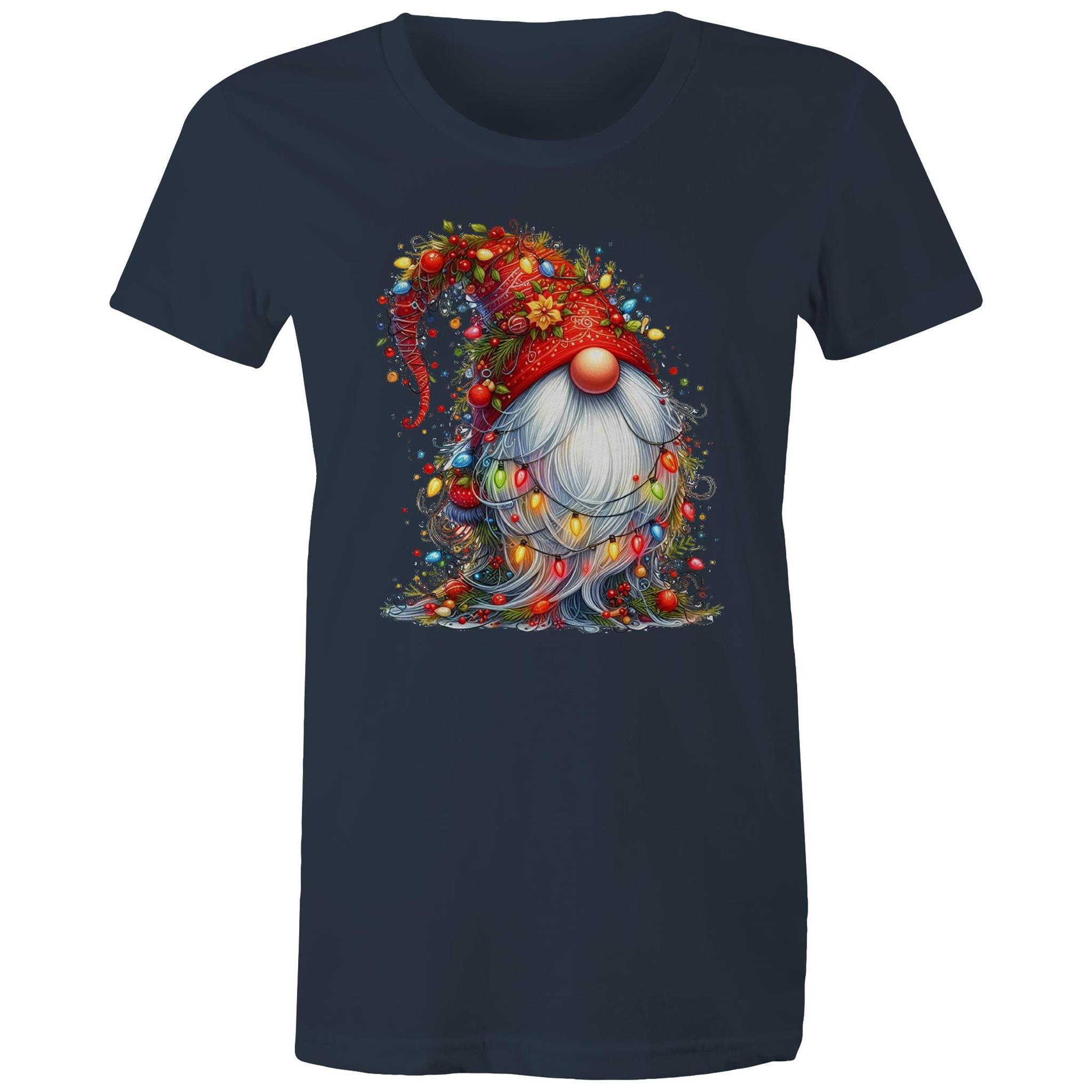 Christmas Gnome Wrapped In Lights - Womens T-shirt Navy Womens Christmas T-shirt Christmas Printed In Australia