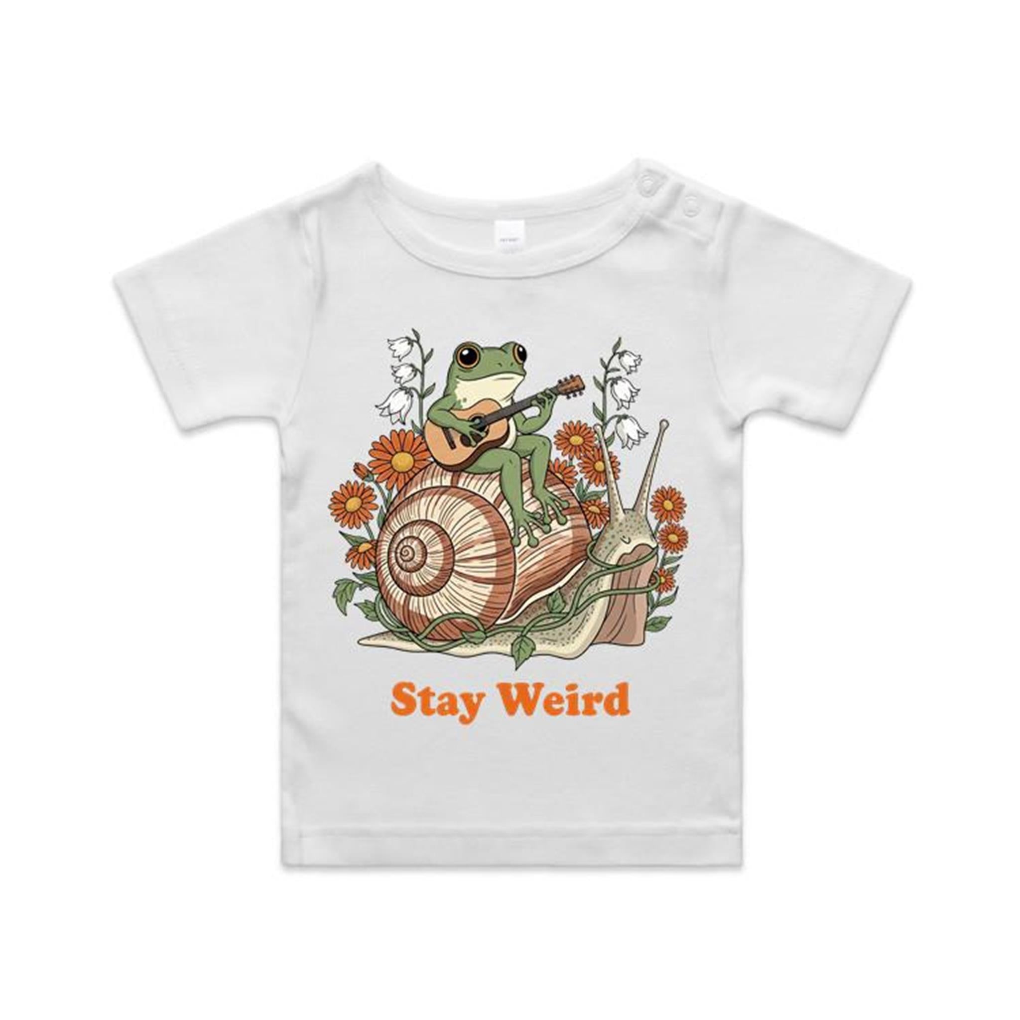 Stay Weird, Guitar Playing Frog On A Snail AS Colour Baby T-shirt White Baby T-shirt animal Music Printed In Australia