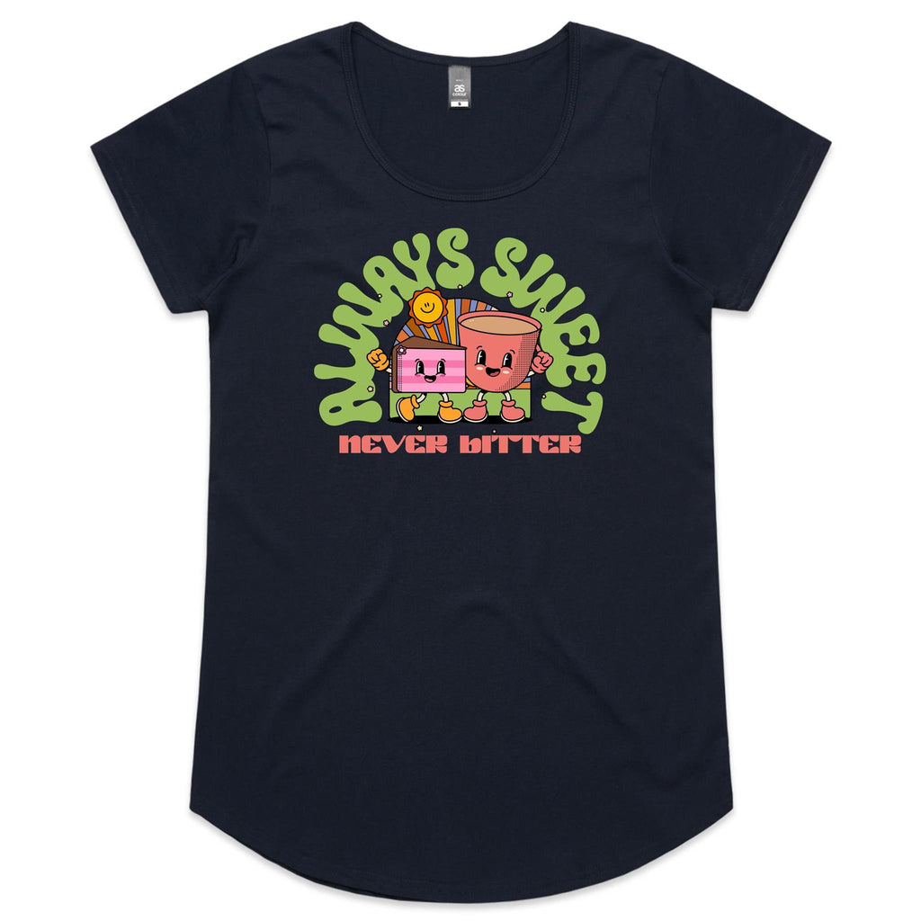 Always Sweet, Never Bitter, Coffee And Cake - Womens Scoop Neck T-Shirt Navy Womens Scoop Neck T-shirt Coffee Food Printed In Australia