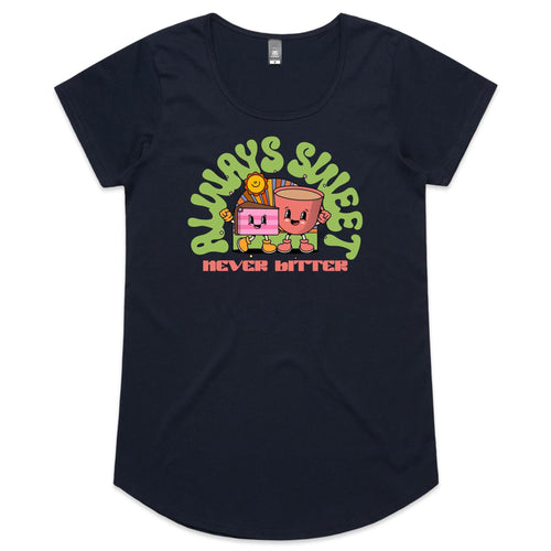 Always Sweet, Never Bitter, Coffee And Cake - Womens Scoop Neck T-Shirt Navy Womens Scoop Neck T-shirt Coffee Food Printed In Australia