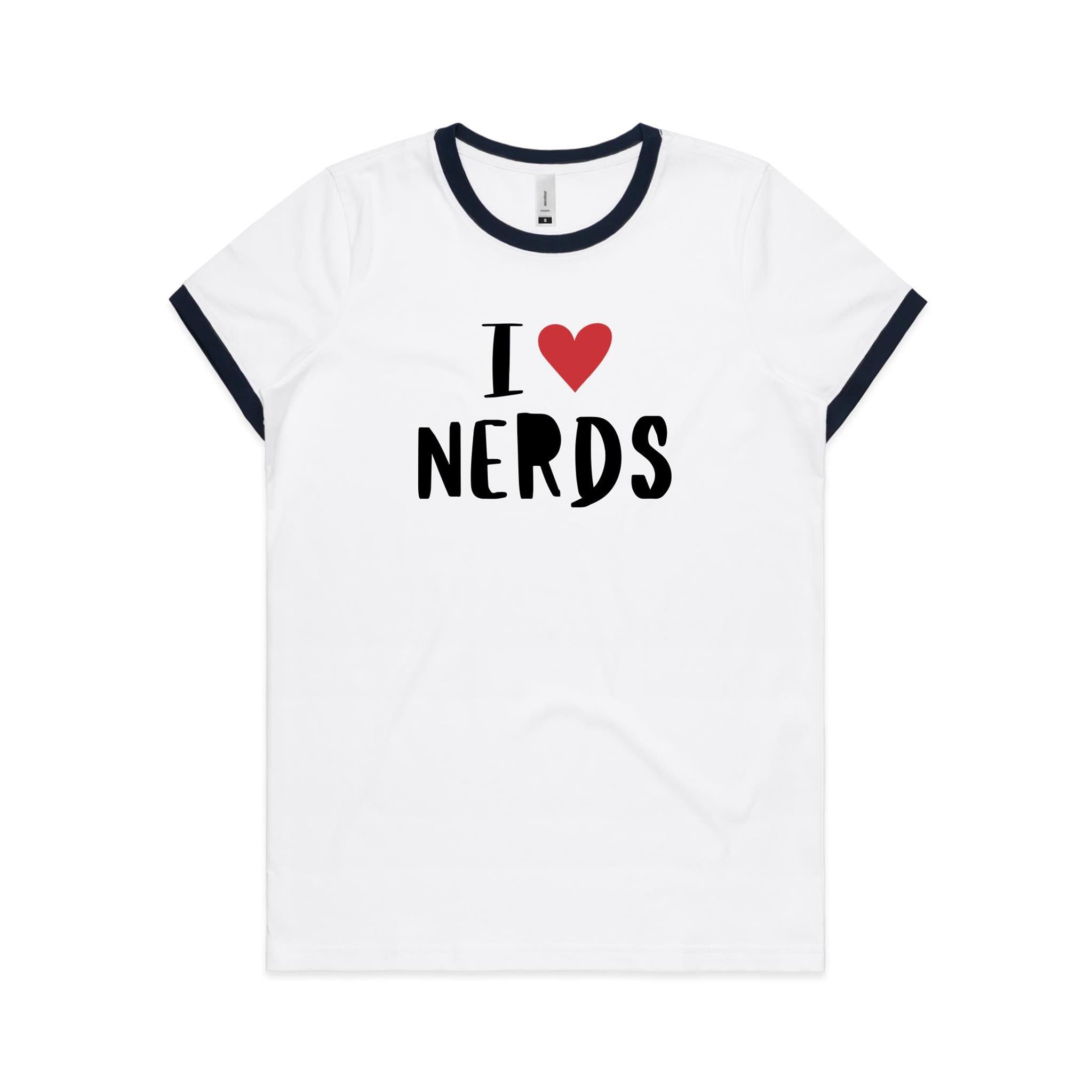 I Love Nerds, Red Heart - Women's Ringer Tee White Navy Womens Ringer T-shirt Love Printed In Australia