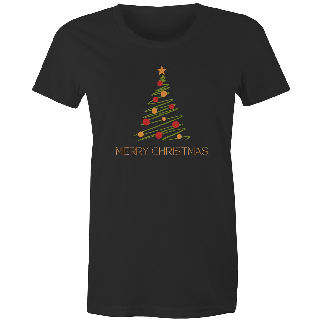 Christmas Tree Line Drawing - Womens T-shirt Black Womens Christmas T-shirt Christmas Printed In Australia