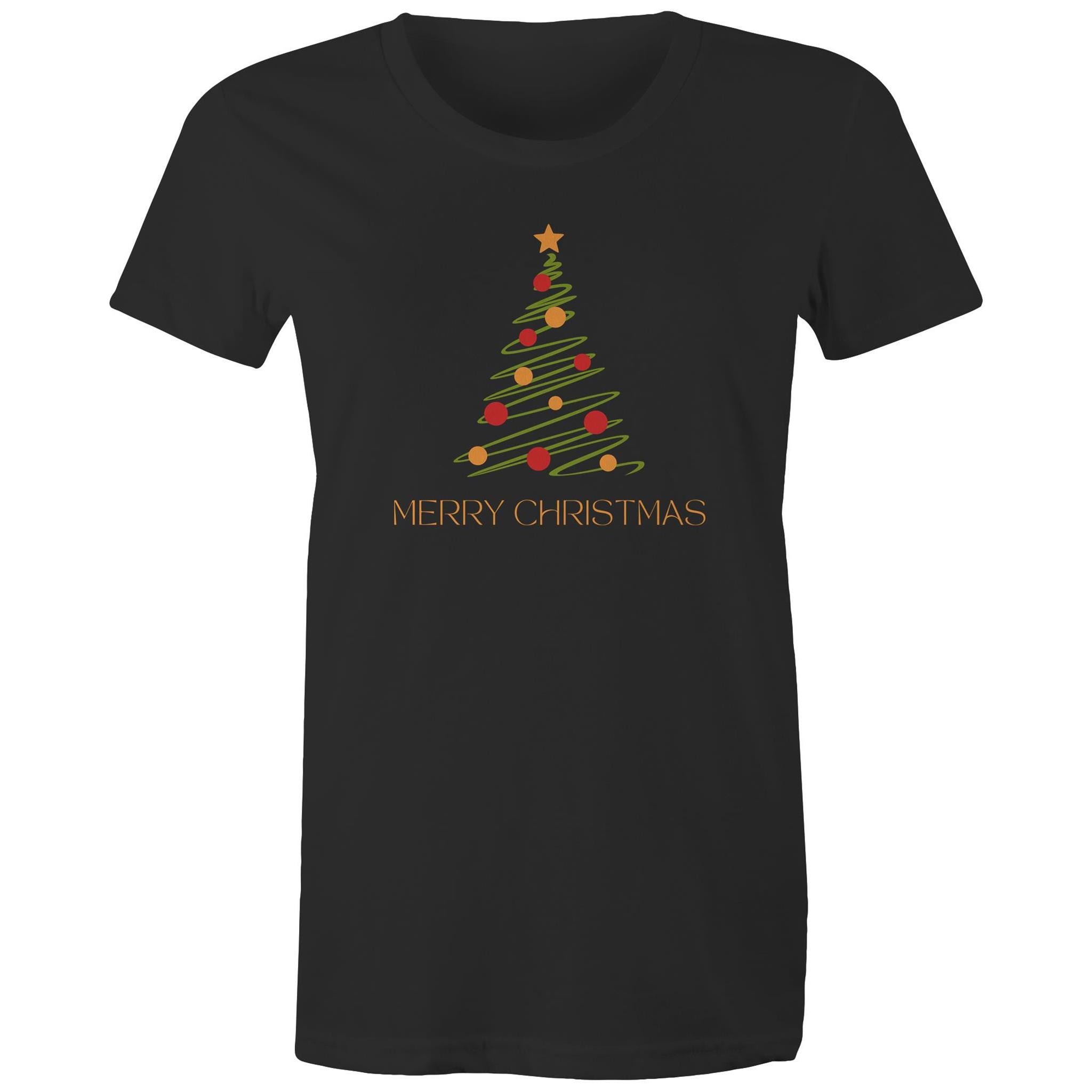 Christmas Tree Line Drawing - Womens T-shirt Black Womens Christmas T-shirt Christmas Printed In Australia