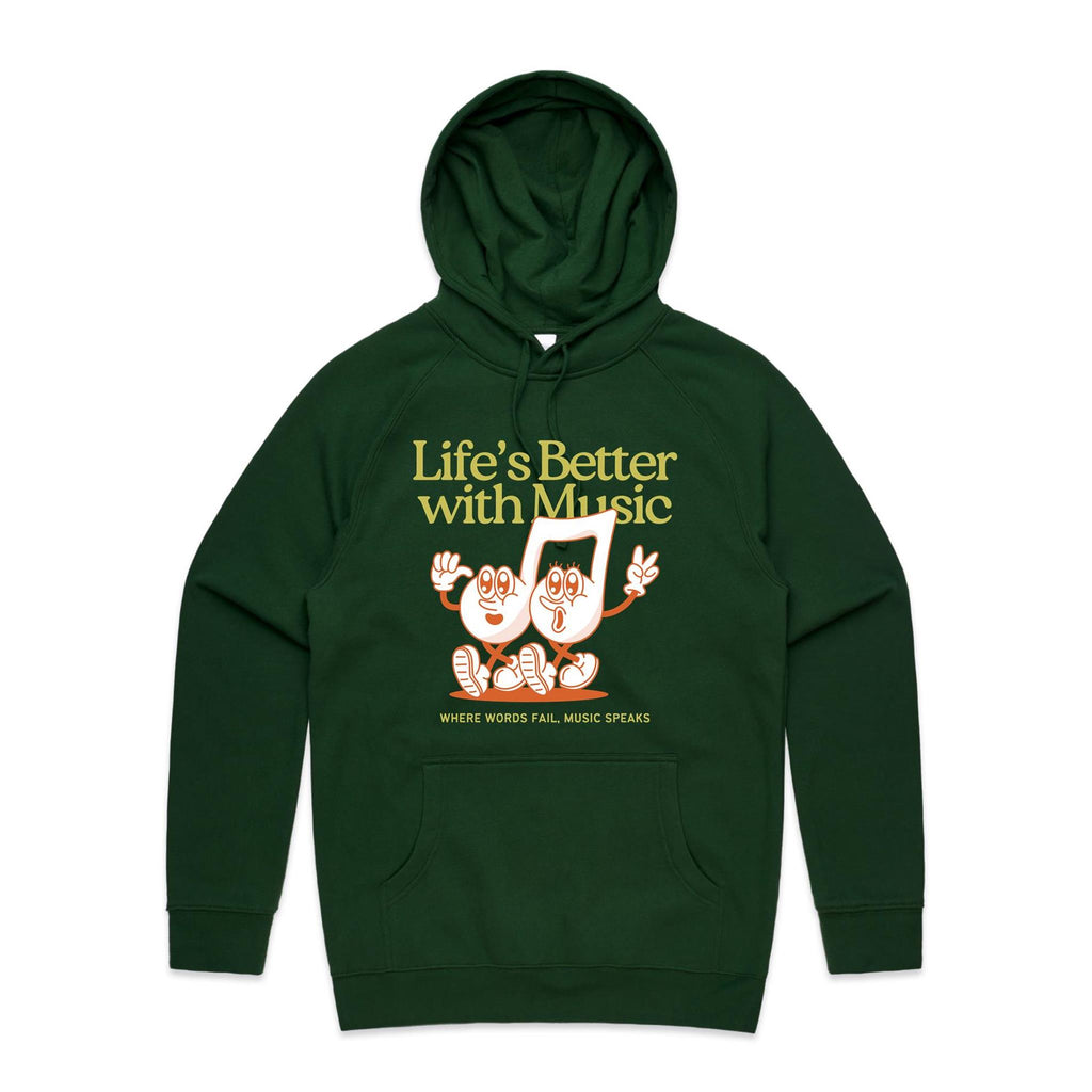 Life's Better With Music - Mens Hoodie Forest Green Mens Hoodie Music Printed In Australia