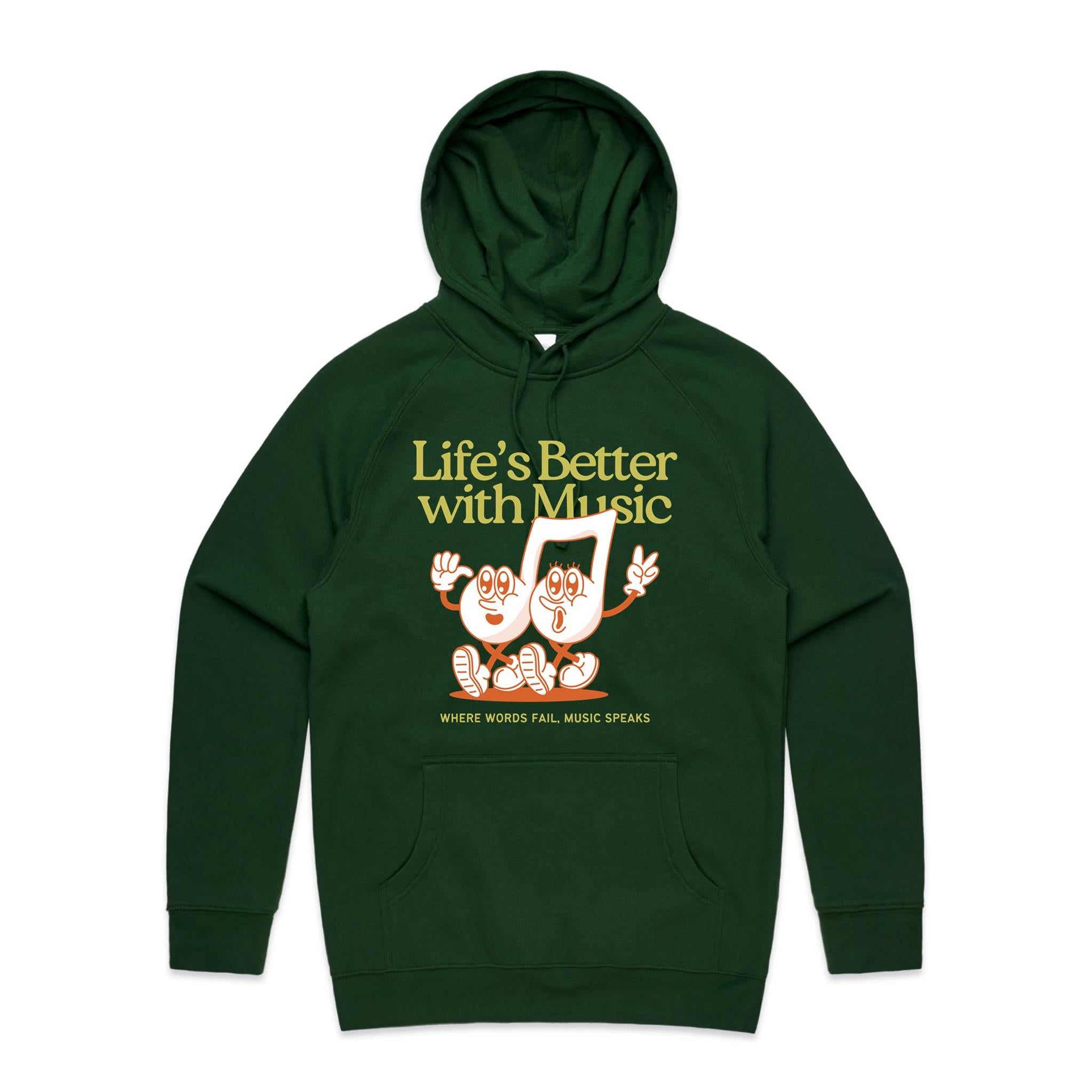 Life's Better With Music - Mens Hoodie Forest Green Mens Hoodie Music Printed In Australia