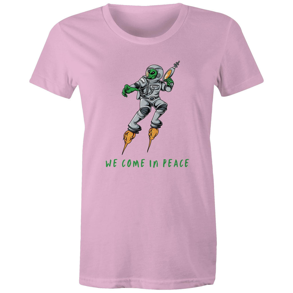 Alien Invasion, We Come In Peace - Womens T-shirt Pink Womens T-shirt Printed In Australia Sci Fi
