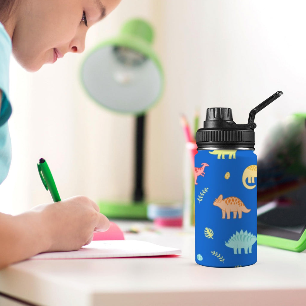 Dinosaur Pattern Blue - Kids Water Bottle with Chug Lid (12 oz) Kids Water Bottle with Chug Lid animal Printed Offshore
