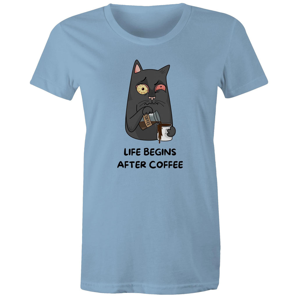 Life Begins After Coffee - Womens T-shirt Carolina Blue Womens T-shirt Coffee Printed In Australia