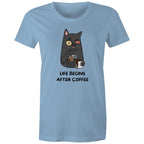 Life Begins After Coffee - Womens T-shirt Carolina Blue Womens T-shirt Coffee Printed In Australia