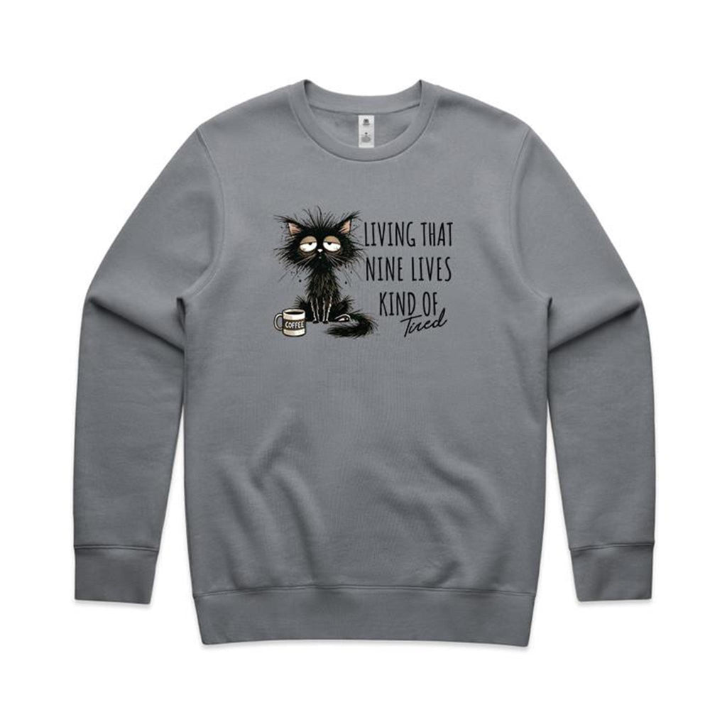 Living That Nine Lives Kind Of Tired, Frazzled Cat - AS Colour Stencil Crew Sweatshirt Gravel Sweatshirt animal Printed In Australia