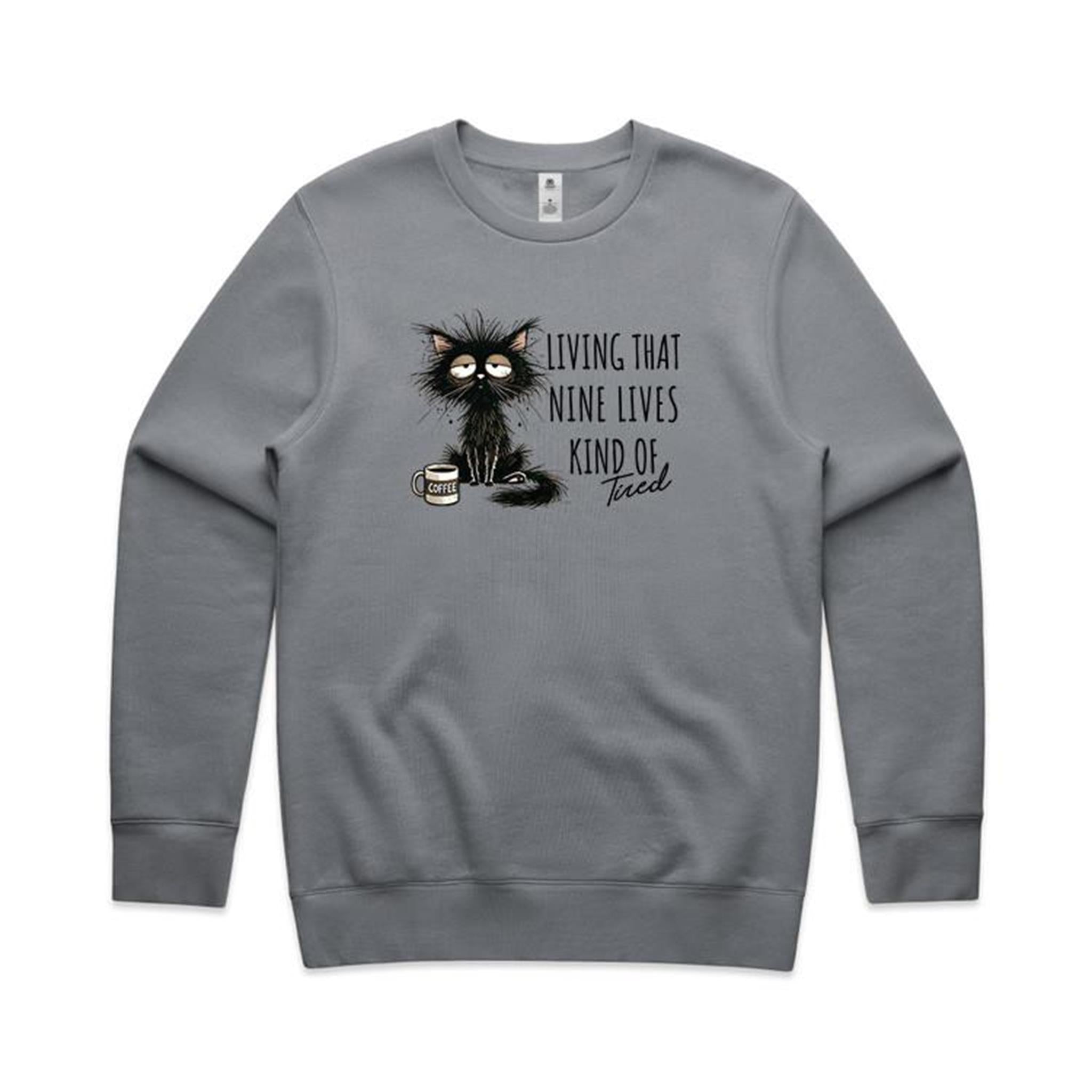 Living That Nine Lives Kind Of Tired, Frazzled Cat - AS Colour Stencil Crew Sweatshirt Gravel Sweatshirt animal Printed In Australia