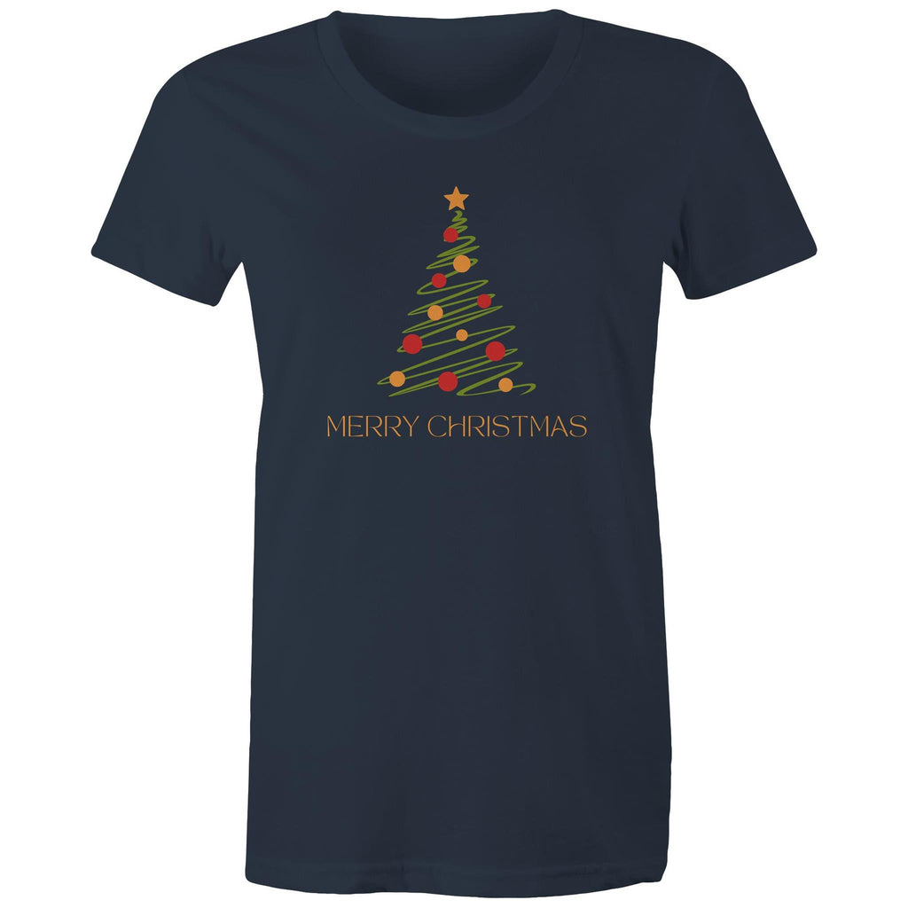 Christmas Tree Line Drawing - Womens T-shirt Navy Womens Christmas T-shirt Christmas Printed In Australia