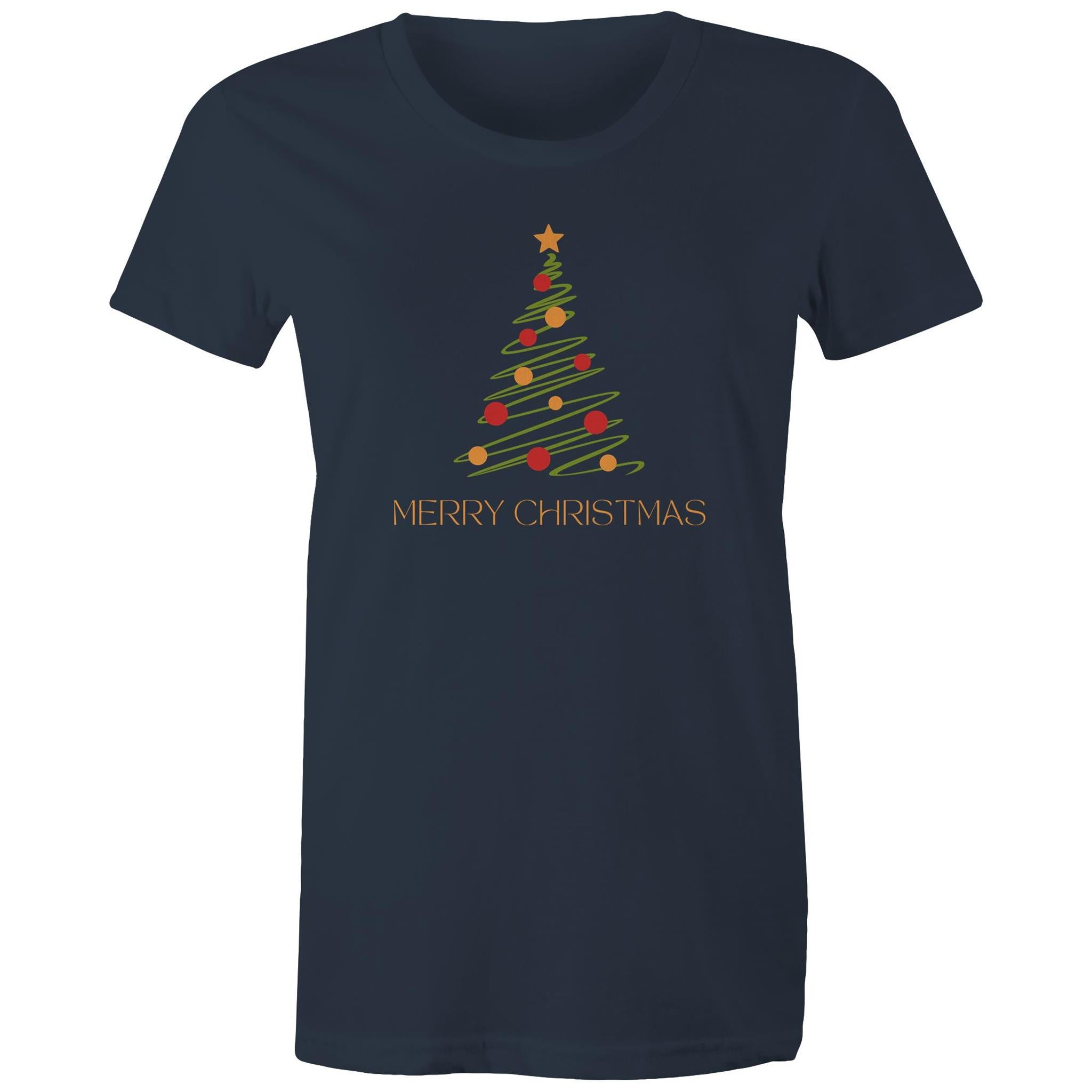 Christmas Tree Line Drawing - Womens T-shirt Navy Womens Christmas T-shirt Christmas Printed In Australia