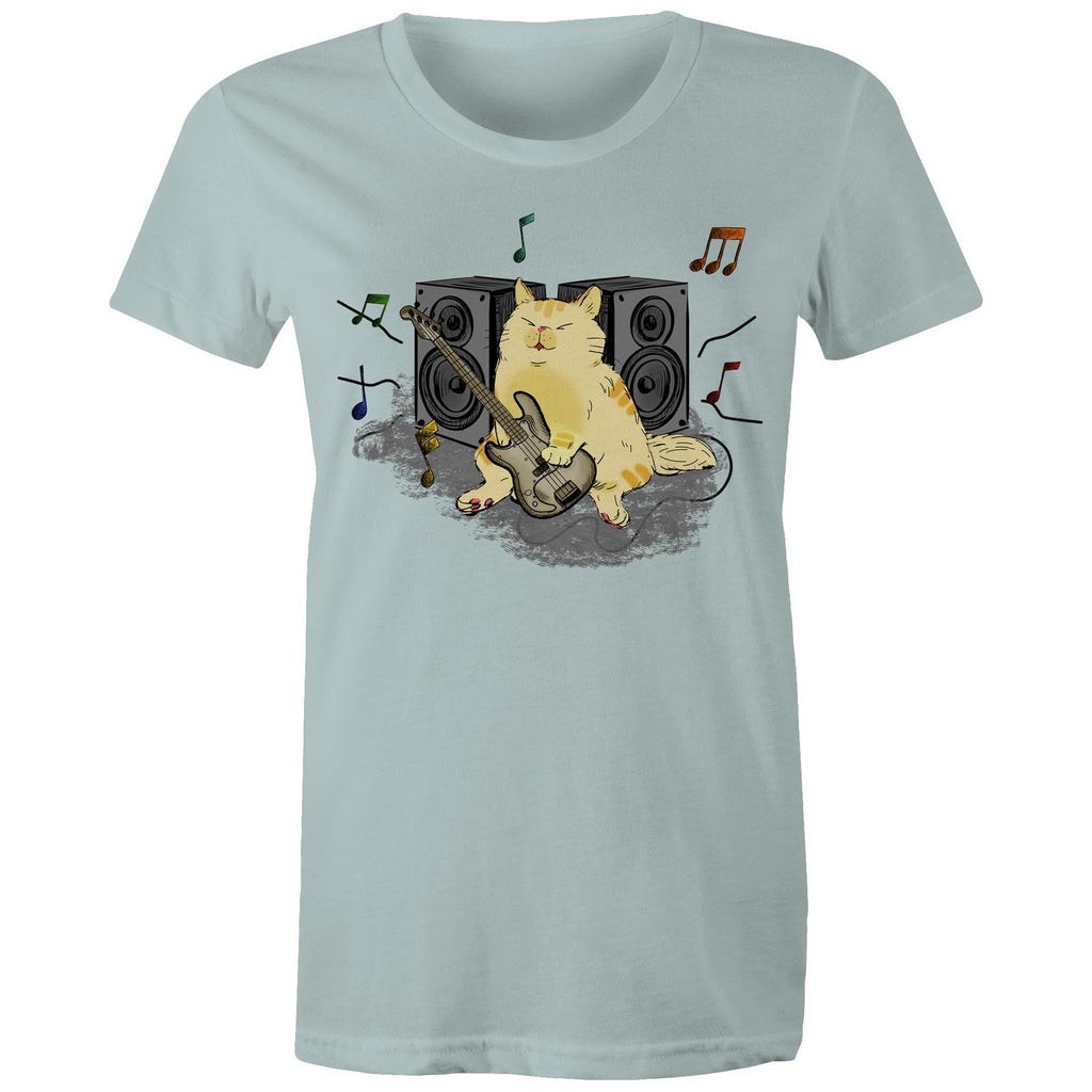 Cat Bass Player - Womens T-shirt Pale Blue Womens T-shirt animal Music Printed In Australia