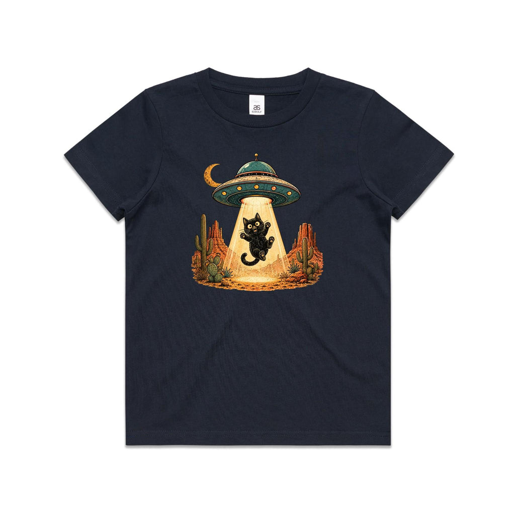 Black Cat Alien UFO Abduction Kids AS Colour T-shirt