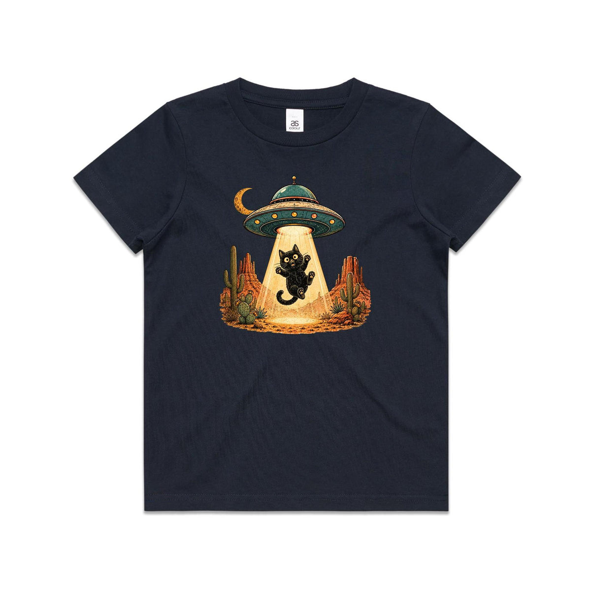 Black Cat Alien UFO Abduction Kids AS Colour T-shirt