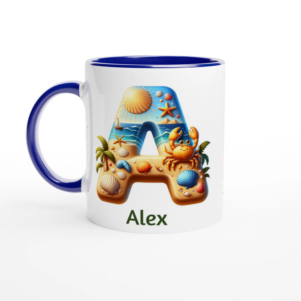 Personalised - Summer Beach Initials - White 11oz Ceramic Mug with Colour Inside Ceramic Blue Personalised 11oz Mug Customise Globally Fulfilled Personalise