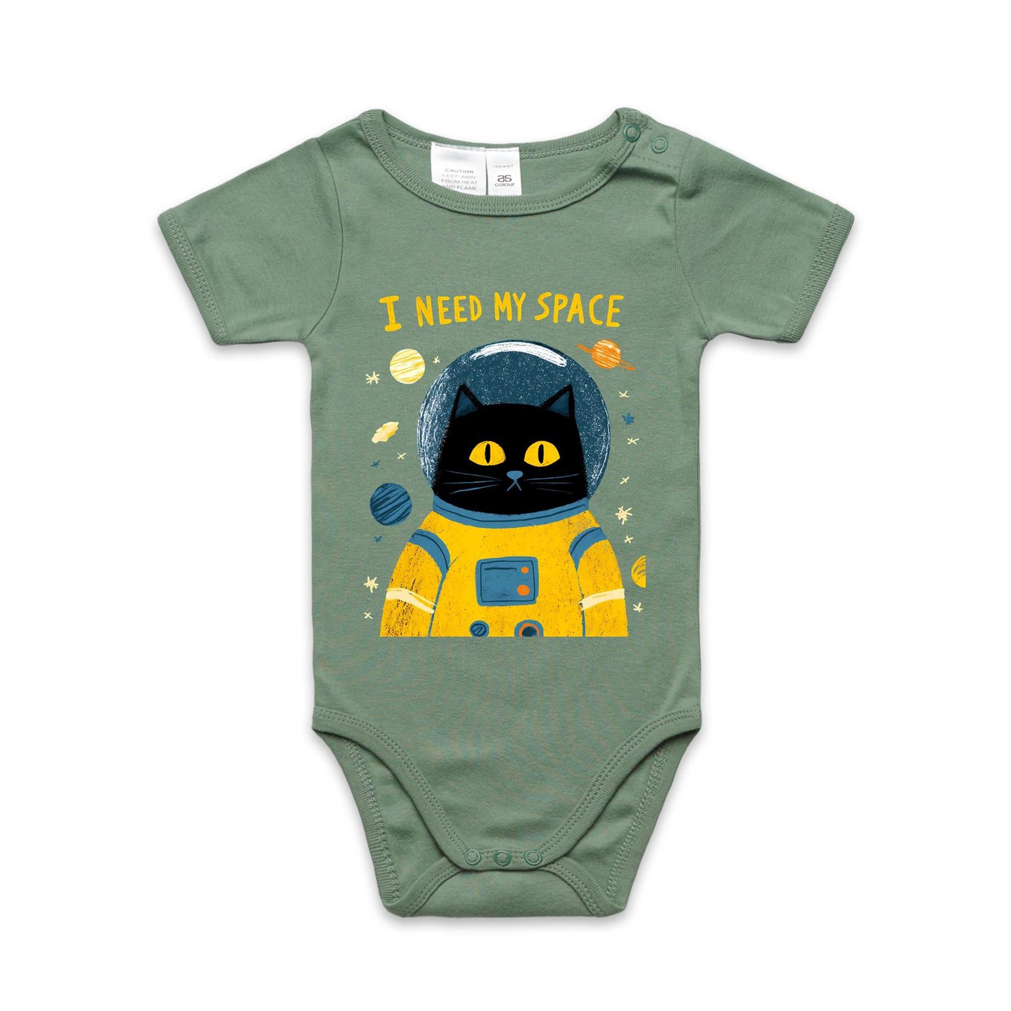 Cat Astronaut, I Need My Space - Baby Bodysuit Sage Baby Bodysuit animal Printed In Australia Space
